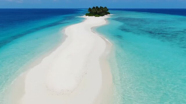 Serene beachscape featuring a pristine white sand island surrounded by crystal clear turquoise waters under bright sunlight