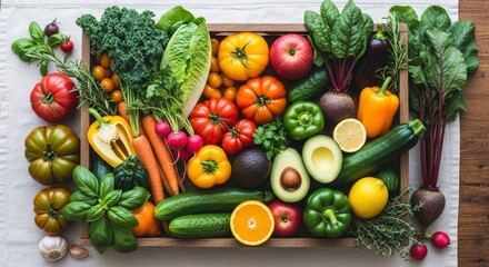 A vibrant assortment of fresh fruits vegetables and herbs is neatly arranged in a wooden box on a linen cloth featuring tomatoes peppers greens and root vegetables