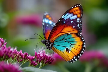 Fototapeta premium Vibrant Butterfly on Pink Flowers in Nature