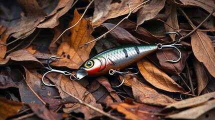 A single, old fishing lure, its hooks rusted, lying tangled in a pile of dead leaves.