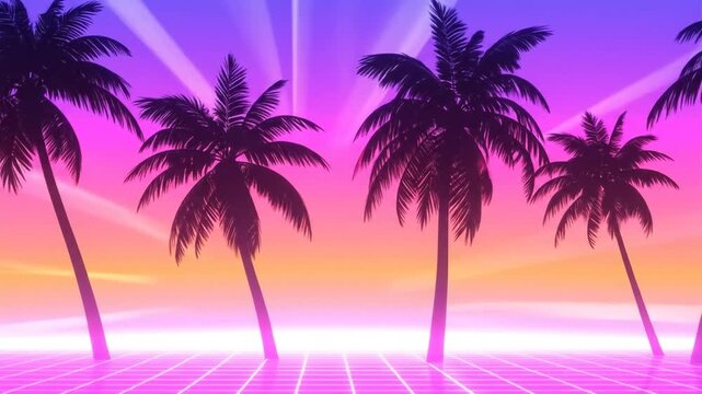 Vibrant sunset landscape with stylized palm trees and colorful sky backdrop