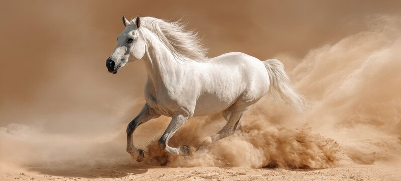 The white horse galloping powerfully through desert sand kicking up a dramatic dust cloud