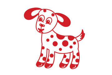 Cartoonstyle Dalmatian dog with red spots poses with its cute rounded ears and tiny tail