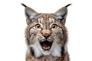 Surprised lynx with open mouth and wide eyes isolated on transparent background