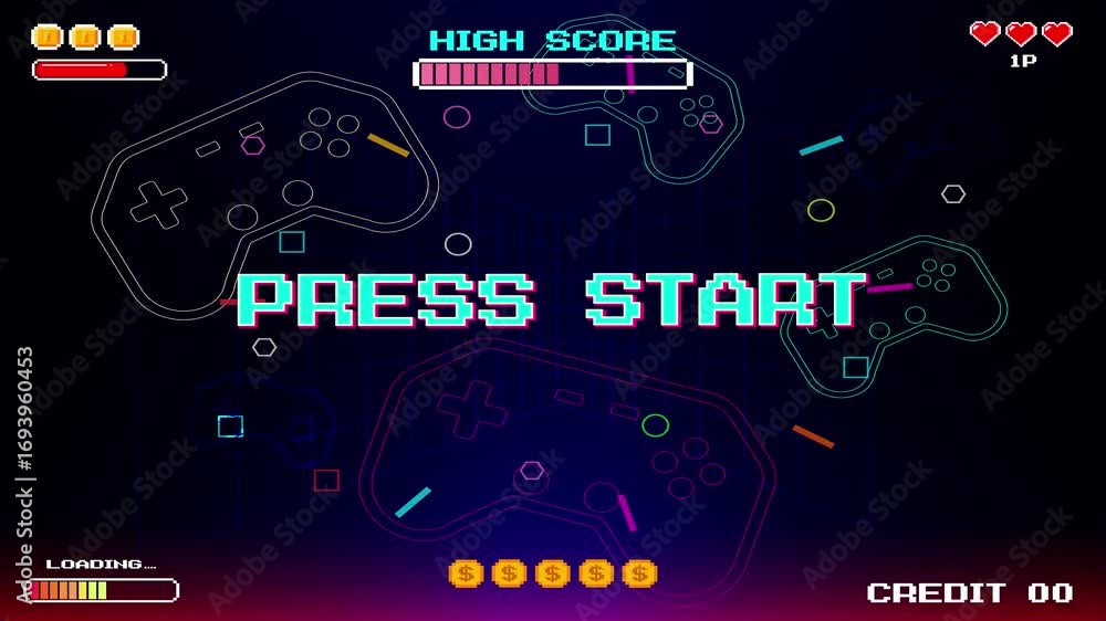 Poster press start. insert a coin to continue. pixel art. 8 bit game. retro game. for game assets .retro fu