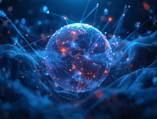 High Tech Blue Digital World with Interconnected Lines and Nodes Representing Global Communication