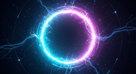 Naklejka premium A vibrant bicolored ring glows with blue and magenta hues centered in a dark star-speckled void Energy tendrils crackle outwards intersected by faint circular and linear light paths