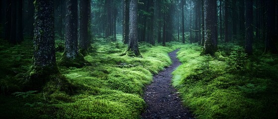 Close-up of intricate moss patterns on gnarled tree roots along mystical forest pathway