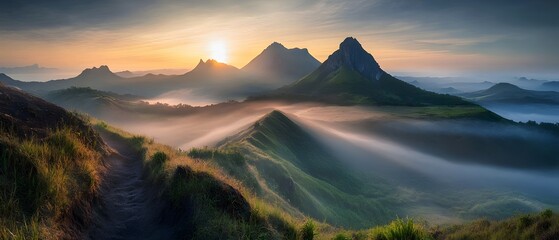 Jagged mountain summits with swirling morning clouds and warm sunlight (Alpine Scenery)