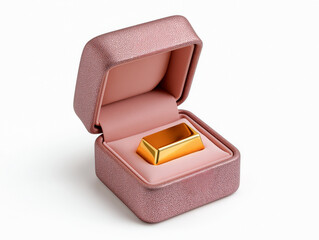 A golden bar rests on a pink velvet cushion inside an open, pink, pebbled jewelry box against a white background