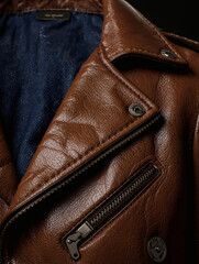 Close Up 3D Render of Brown Leather Jacket with Glossy Finish and Dark Blue Lining