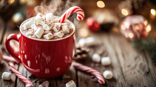 Red mug of hot chocolate with marshmallows and candy canes - Powered by Adobe