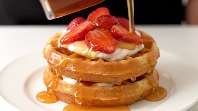 A delicious stack of waffles topped with fresh strawberries and drizzled with sweet syrup for a perfect breakfast treat