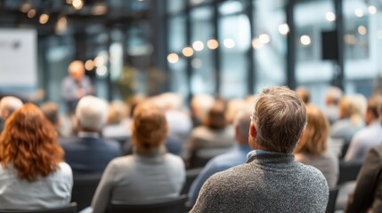 A focused audience listens to a speaker at a modern conference, showcasing engagement in a professional setting.