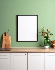 Mock up poster frame in kitchen interior on empty green color wall background.