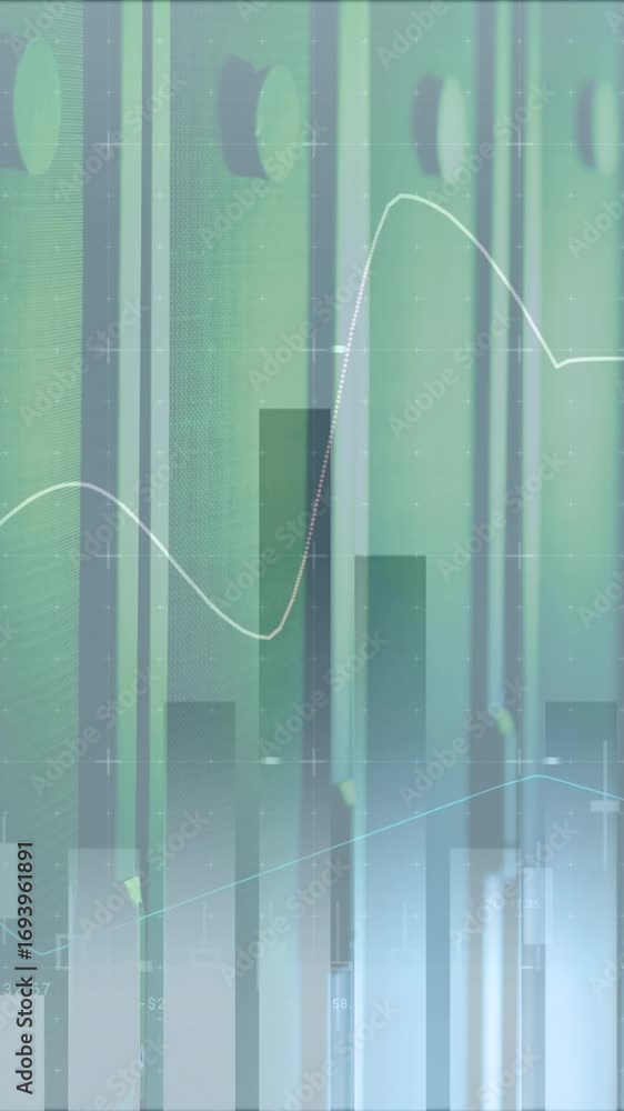 Aufkleber animation of statistics and data processing over green computer servers