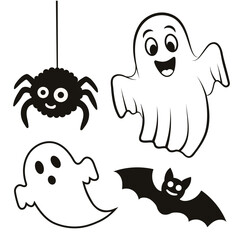 Cute Halloween clipart set — cartoon ghosts, bat and spider. Spooky illustrations, funny holiday characters. Halloween elements