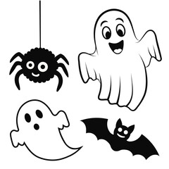 Cute Halloween clipart set — cartoon ghosts, bat and spider. Spooky illustrations, funny holiday characters. Halloween elements