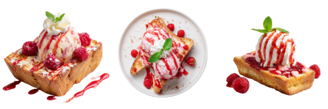 Delicious dessert stacked toast with ice cream transparent background studio shot white space