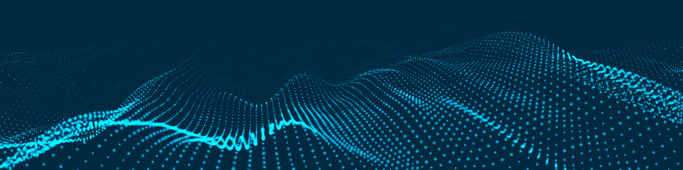 An abstract colorful wave of glowing dots that creates the illusion of moving waves on a dark background. The visualization resembles a dynamic vector 3D wave that combines technology, art of the futu
