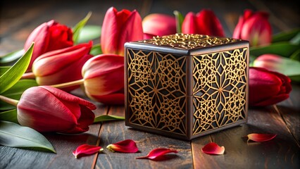 Elegant gift box with red tulips on wooden table