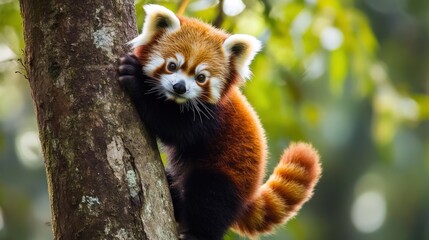 Obraz premium Red panda climbing tree