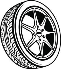 Obraz premium Black Car Wheel Silhouette Vector, Simplified Tire and Rim Circular vector Design, Car Wheel Graphic Illustration in Minimal Style vector