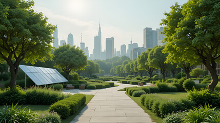 Ciudad verde: azotea con jardineras y paneles solares, skyline suave