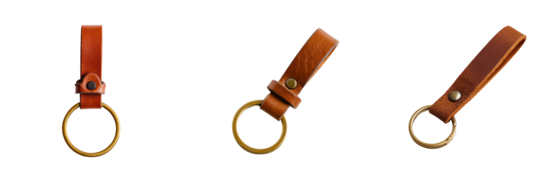Stylish leather keychains on transparent background studio setting high-quality image