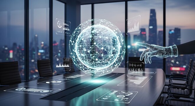 Futuristic technology global business meeting data analysis concept