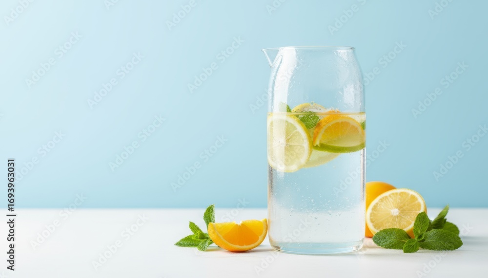 Aufkleber refreshing minimal concept of transparent glass pitcher with infused citrus fruits and mint on a lig