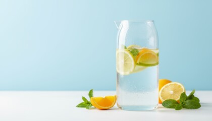 Fototapeta premium Refreshing minimal concept of transparent glass pitcher with infused citrus fruits and mint on a light background in an upscale setting