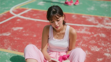Young woman enjoying a book on a colorful basketball court during a sunny afternoon
