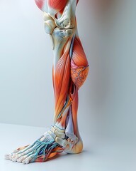 **Ultra-Premium Photorealistic 3D Medical Stock Illustration Of Human Lower Leg In Transparent Cutaway Overlay. Tibia Highlighted With Stress Area, Surrounding Muscles, Tendons, And Vascular Structure