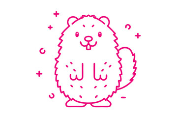 Cheerful cartoon beaver stands surrounded by geometric shapes outlined in pink on a white surface