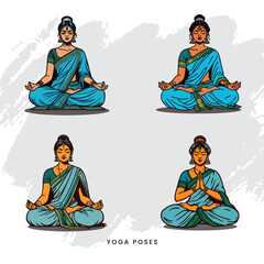 Elegant yoga posture by woman in saree and kurti, pastel design, cultural and spiritual fitness concept.