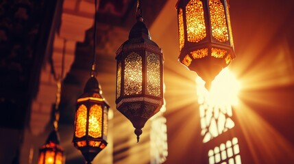 Ornate lanterns illuminated by sunlight
