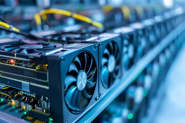 Powerful crypto mining farm with hundreds of graphics cards and neon lights for cryptocurrency blockchain data center generative ai