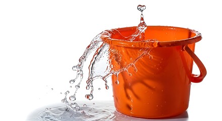 Dynamic water splash erupts from a vibrant orange bucket creating a refreshing, energetic, and visually captivating moment of fluid motion captured in stunning detail