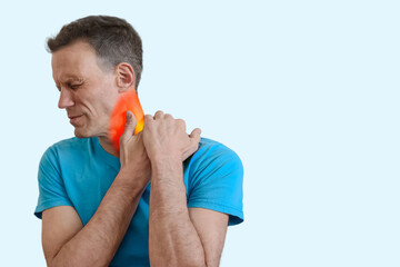 Man suffering from muscular pain massaging neck to reduce the symptoms, Man holding neck in pain, red highlight shows nerve compression or myofascial syndrome.