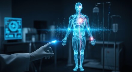 Futuristic medical exam glowing human body, doctor's hand, computer screen, hospital room setting