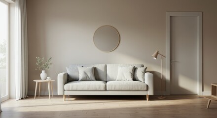 Modern Living Room Interior with Sofa Mirror and Lamp.