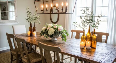 Farmhouse dining room; rustic wood table, brown bottles, flower centerpiece, lit candles, overhead lighting