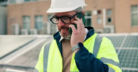 Man, engineer and tablet with phone call for solar panel inspection, maintenance and renewable energy. Mature person, mobile and discussion for repair feedback, planning installation and grid system - Powered by Adobe