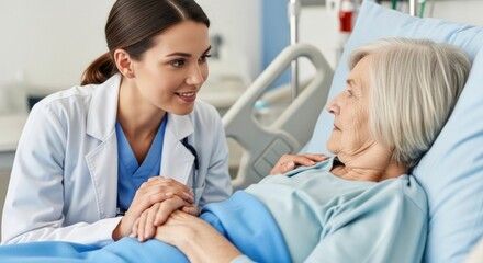 Fototapeta premium A female doctor gently holds the hands of an elderly patient in a hospital bed, engaging in a reassuring conversation