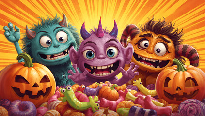 Fototapeta premium Three colorful and cheerful cartoon monsters celebrating with pumpkins and a pile of candy for Halloween.