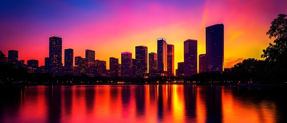 Fototapeta premium Vibrant city skyline at golden hour with glowing skyscraper windows