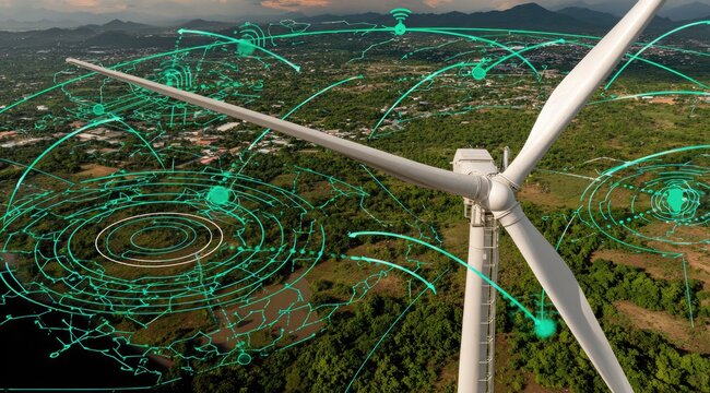 Aerial view of a wind turbine with overlaid digital network