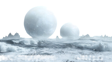 Surreal and atmospheric celestial landscapes featuring glowing moons planets stars nebulae isolated on a transparent background