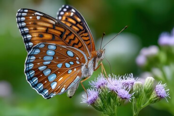 Fototapeta premium Close up of butterfly on purple flower